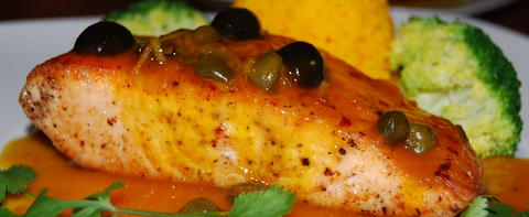 Pan Fried Salmon Cutlet with Orange, Lemon, Olive and Caper Sauce
